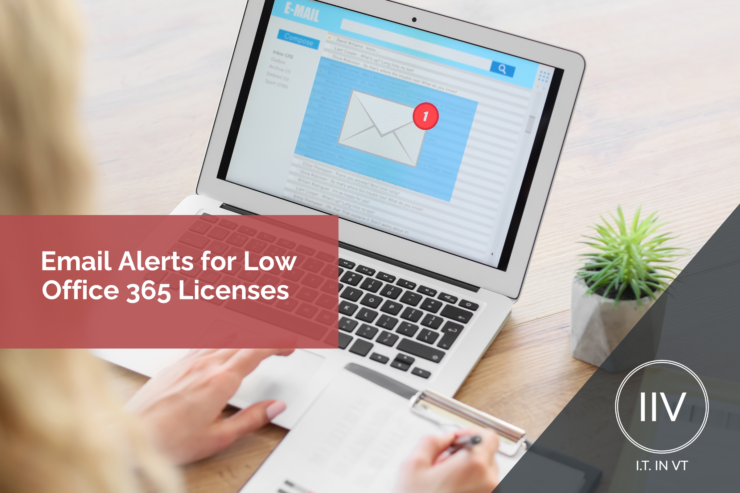 laptop monitor with email logo text, email alerts for low office 365 licenses